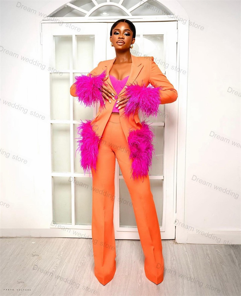 Women'S Formal Wear Tuxedo - Struisvogelveer Oranje Damespakken Broek Set Blazer