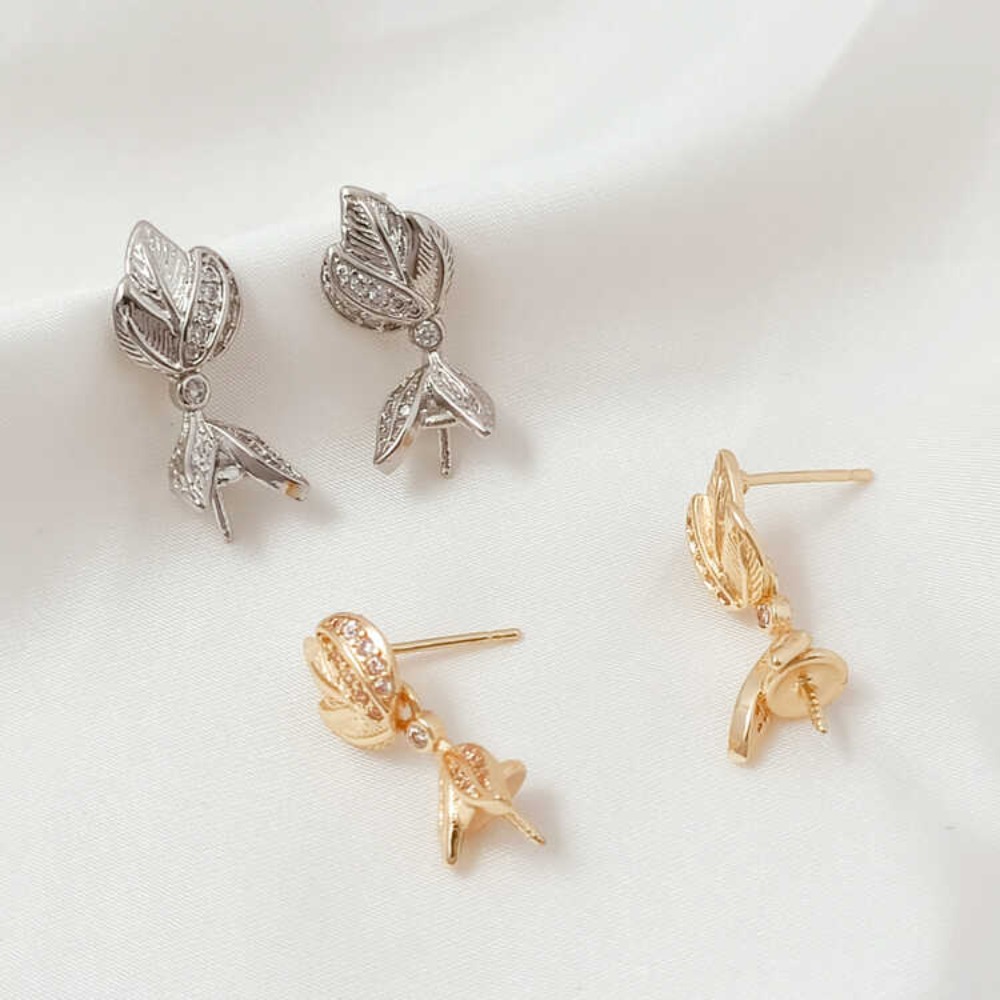 Pearl Earring Stud - 14K Micro-zirkonium Barok Geborsteld Magnolia Bloem