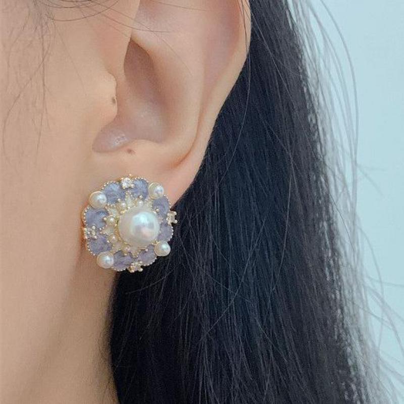 Pearl Earring Stud - 925 Zilveren Naald Vintage Paarse Olie